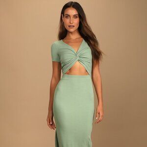 Lulus Style Twist Sage Green Twist Front Cutout Midi Dress